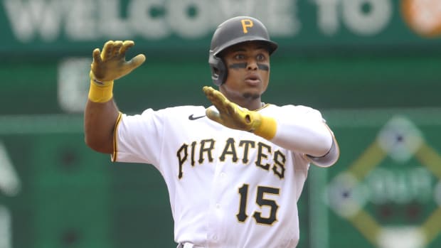 Pittsburgh Pirates infielder Wilmer Difo celebrates hit